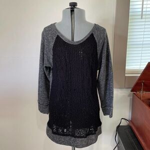 Lucky Brand Size Small Black Gray Crochet Lace Open Knit Sweatshirt